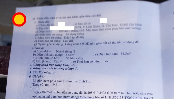 Bán nhà Linh Xuân Thủ Đức, DT: 5m x 22m, đường 8 mét, giá 5  tỷ.